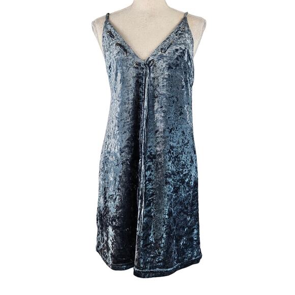 Emory Park Blue Shimmer Crushed Velvet Deep Tasseled V-Neck Stretch Mini Dress S - Picture 1 of 14